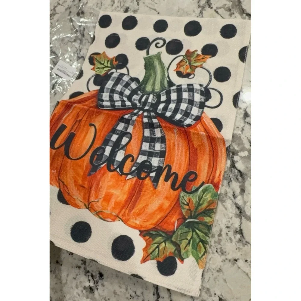 NEW Fall burlap garden flag with pumpkins & black/cream polka dots